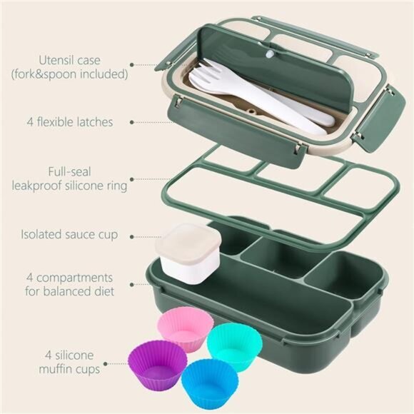 Adult, Kids Bento Lunch Box - 4 Compartments, Utensil Set, for School Dark Green - Picture 2 of 8